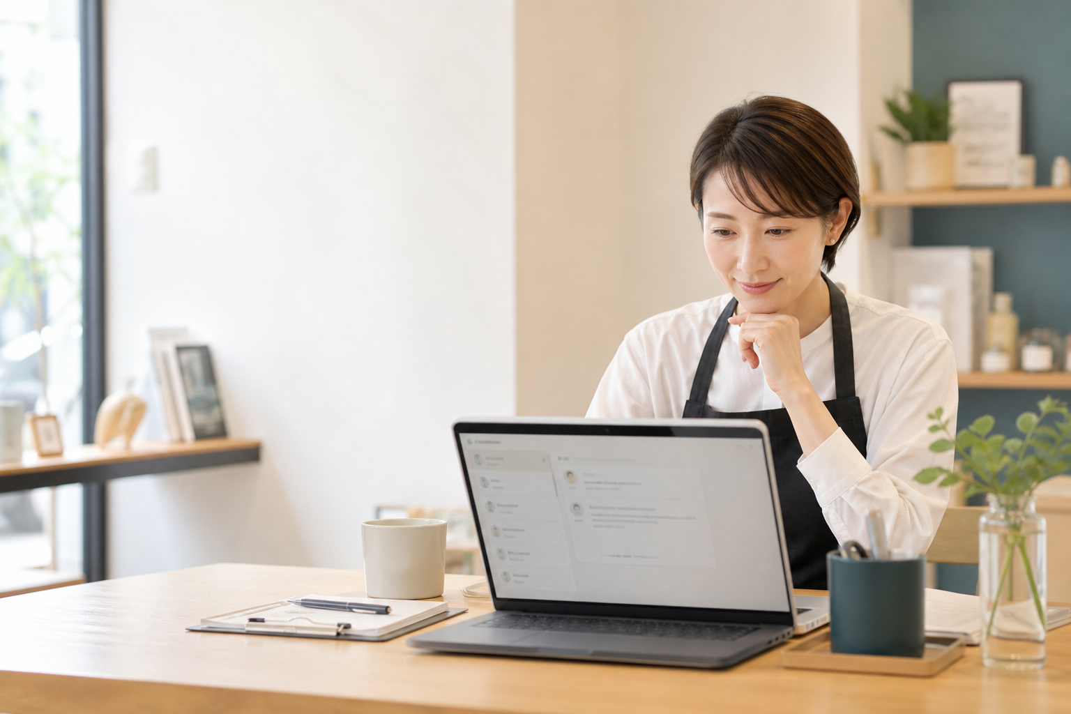 店舗スタッフがAI返信の下書きを確認しているワークスペース